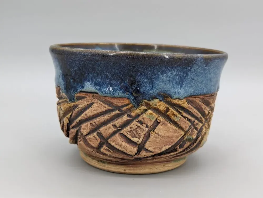 Mid Century Modern Pottery Craft Stoneware Bowl Incised Geometric Bowl 5.5